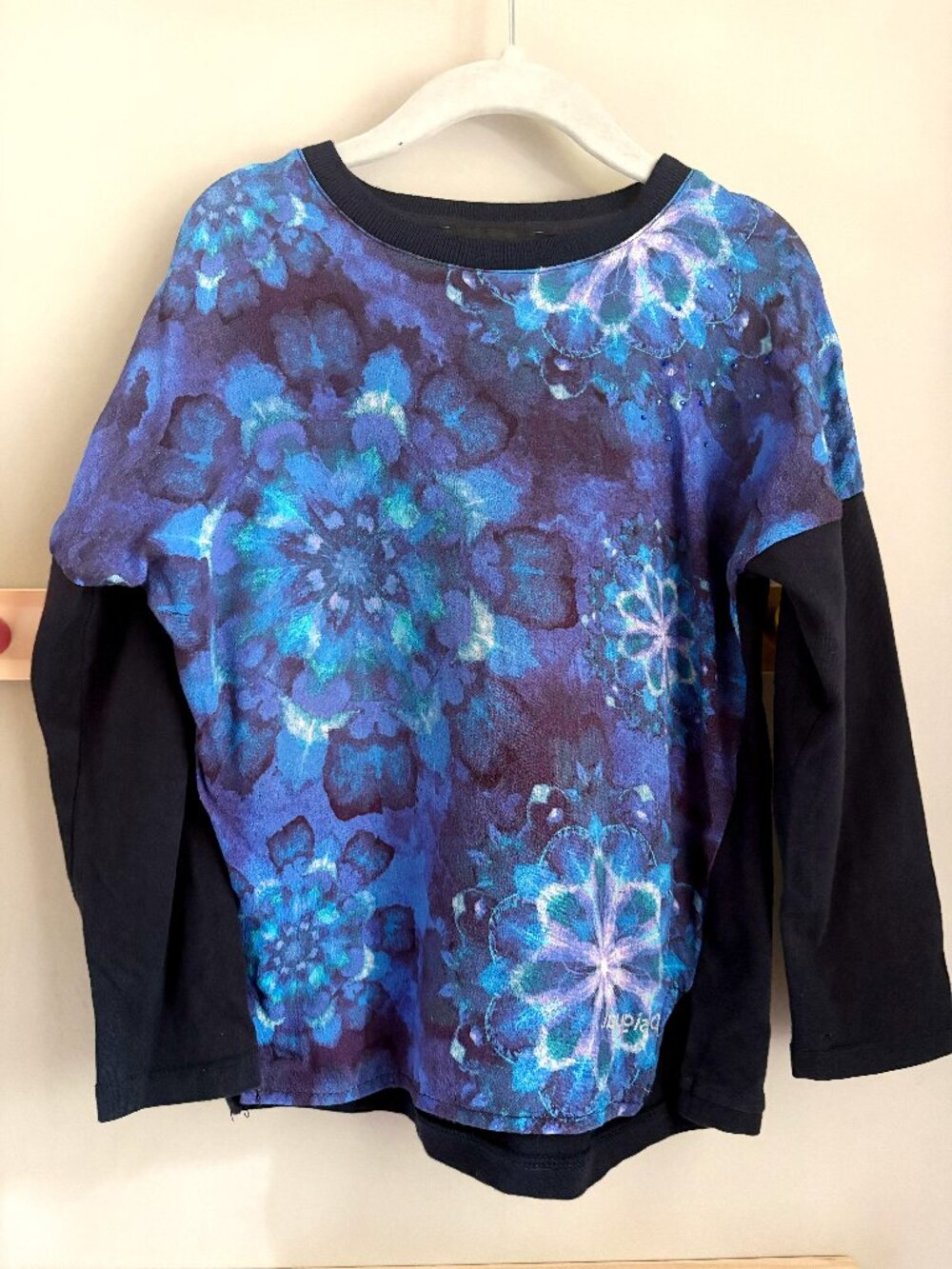 Desigual Blue Mandala Studded Long Sleeved Color Block Top